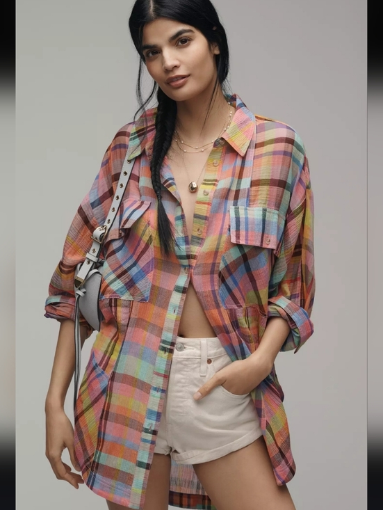 Anthropologie Tops - Pilcro Long-Sleeve Mixed Madras Plaid Oversized Buttondown Shirt Size XL Petite